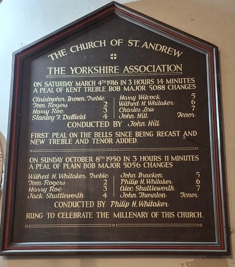 Wilfred’s and Philip’s names on the Peal Boards